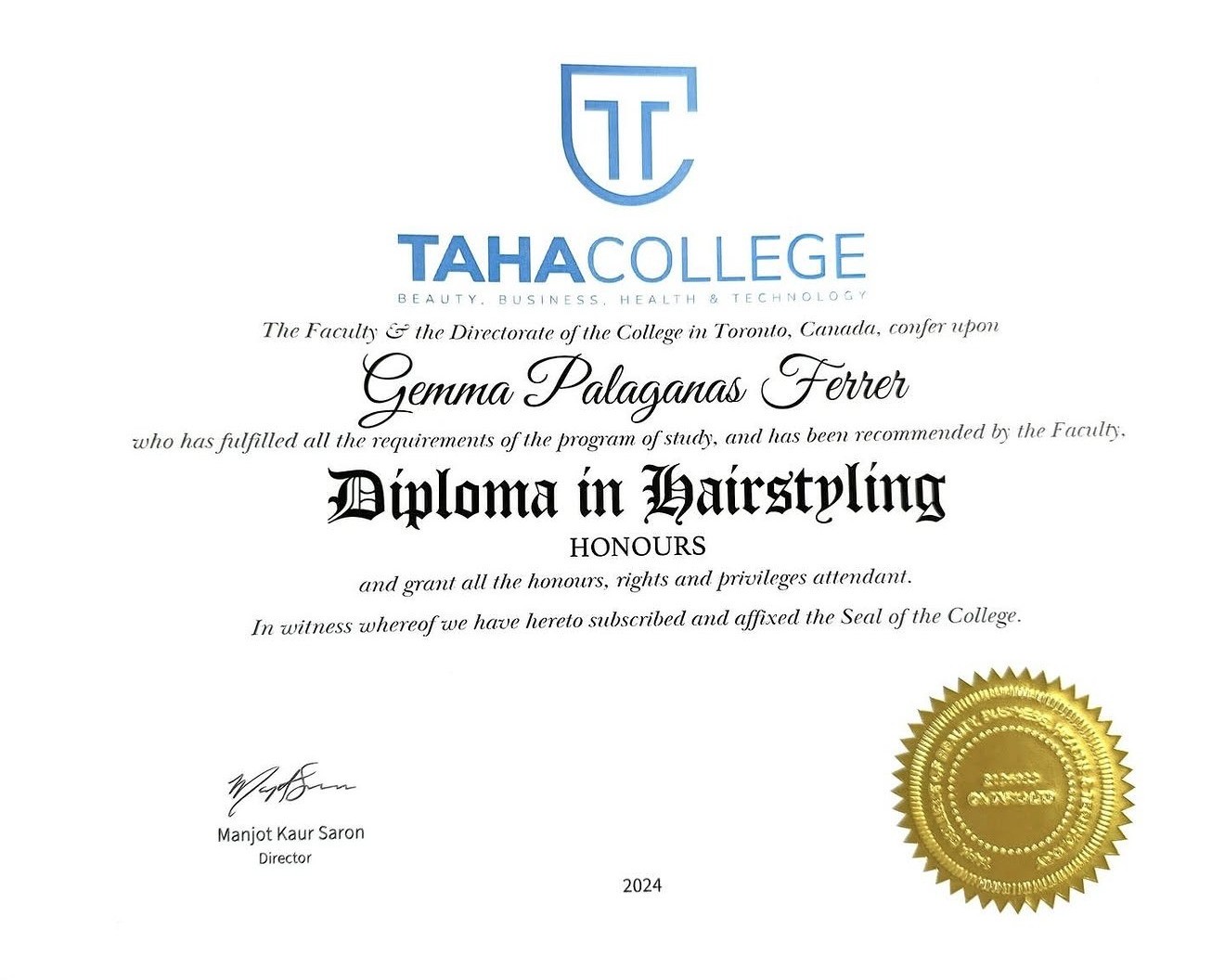 Diploma in Hairstyling, Honours, Taha College, awarded to Gemma Palaganas Ferrer